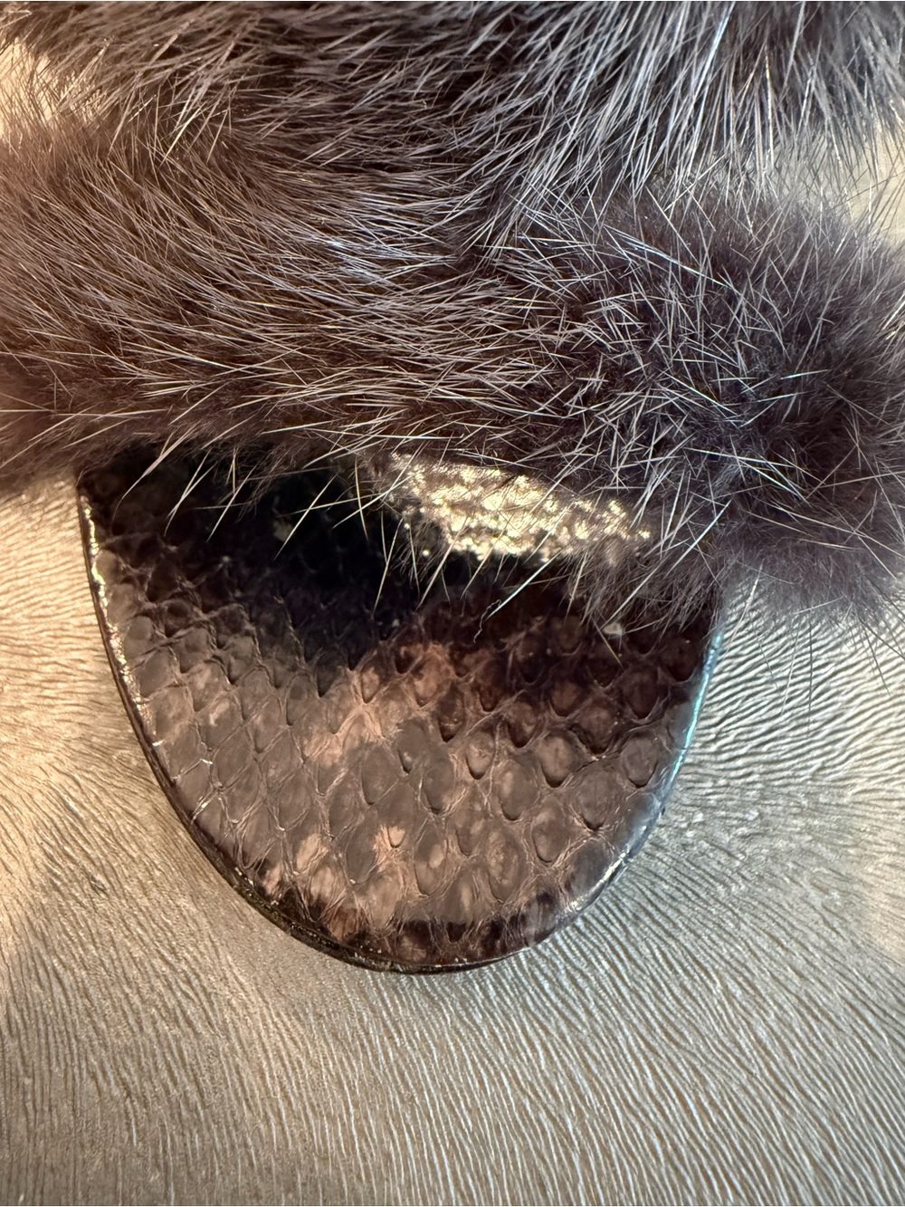 Salvatore Ferragamo Dark Grey Mink Fur and Python Leather Cage Sandals. - Picture 7 of 10